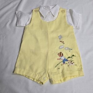 Vintage Needlepoint Romper And Peter Pan Collar Shirt Boy With Kite